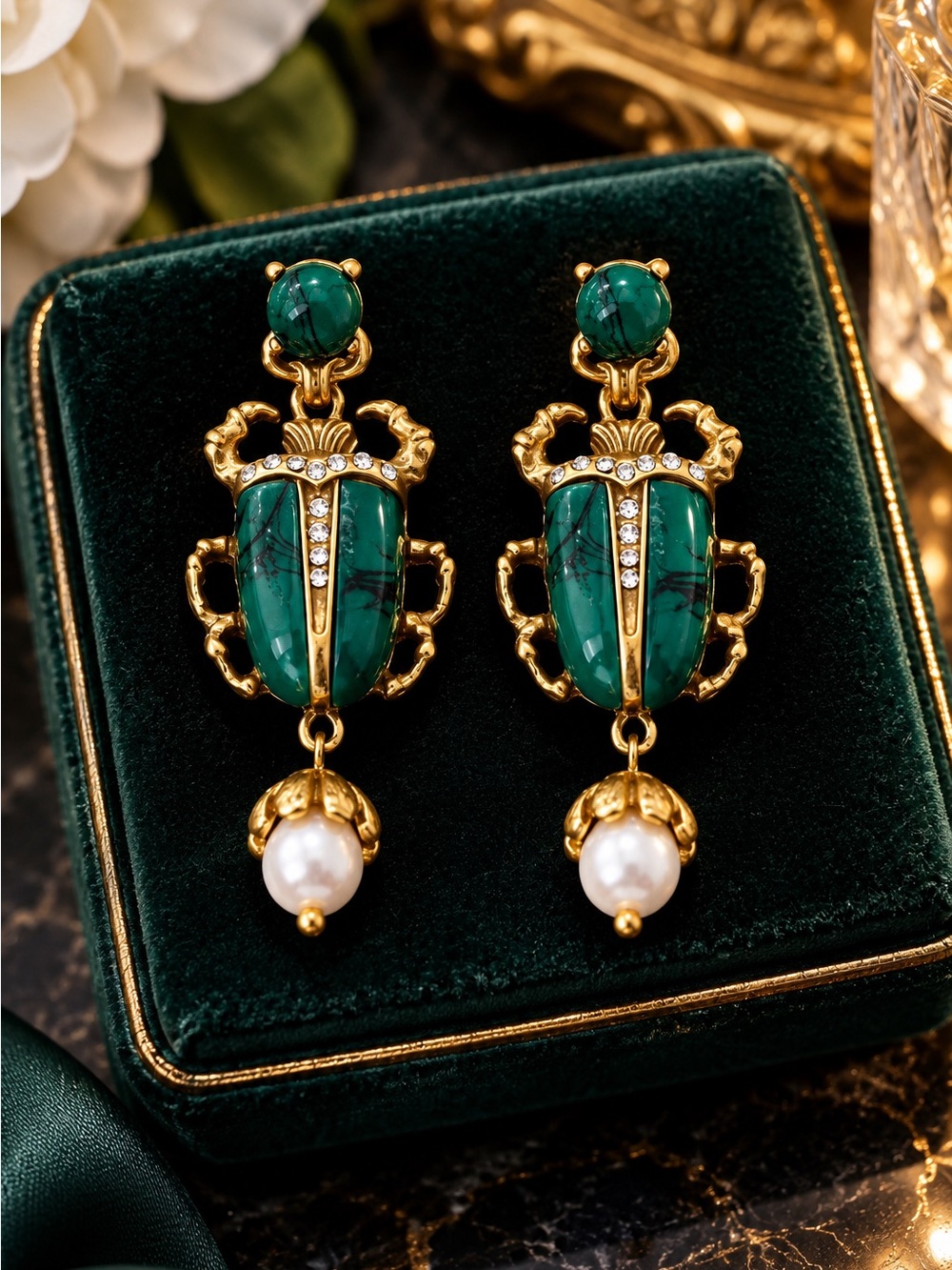 Vintage Gold tone Scarab Drop Earrings with Green Stones and Pearl